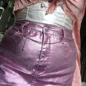 Metallic pink denim mini skirt